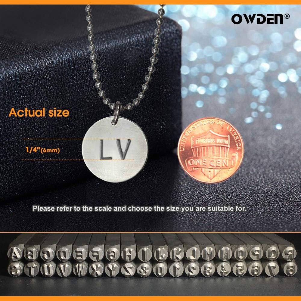 OWDEN Professional 36Pcs. Steel Metal Stamp Set,(1/4”) 6mm,Steel Number and Letter Punch Set,Alloy Steel Made HRC 58-62 for Jewelry Craft Stamping.