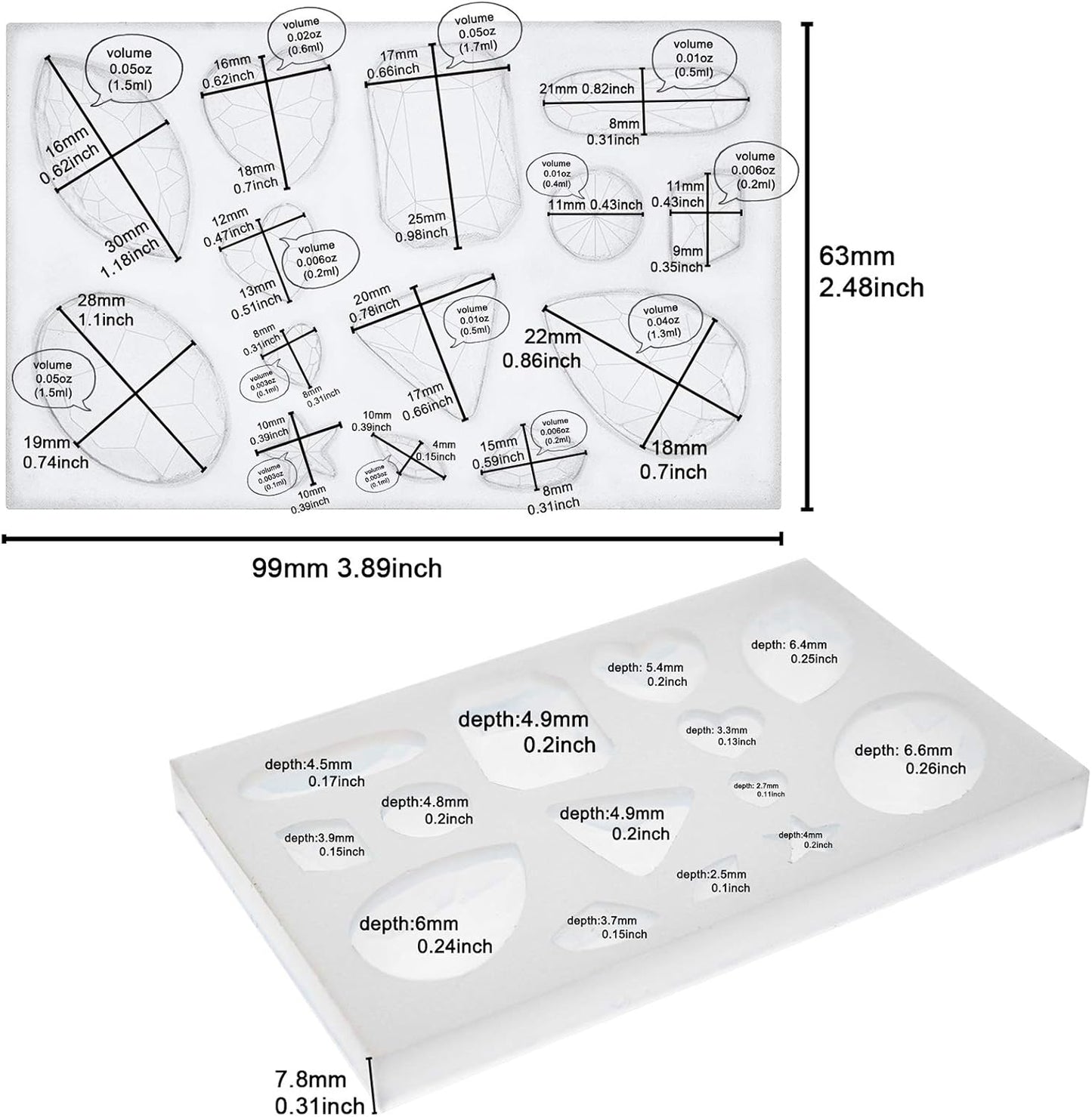 FUNSHOWCASE Assorted Gems and Cabochon Silicone Mold for Fondant Cupcake Topper Chocolate Candy Baking Epoxy Resin Casting Concrete Cement Plaster Craft, Mini