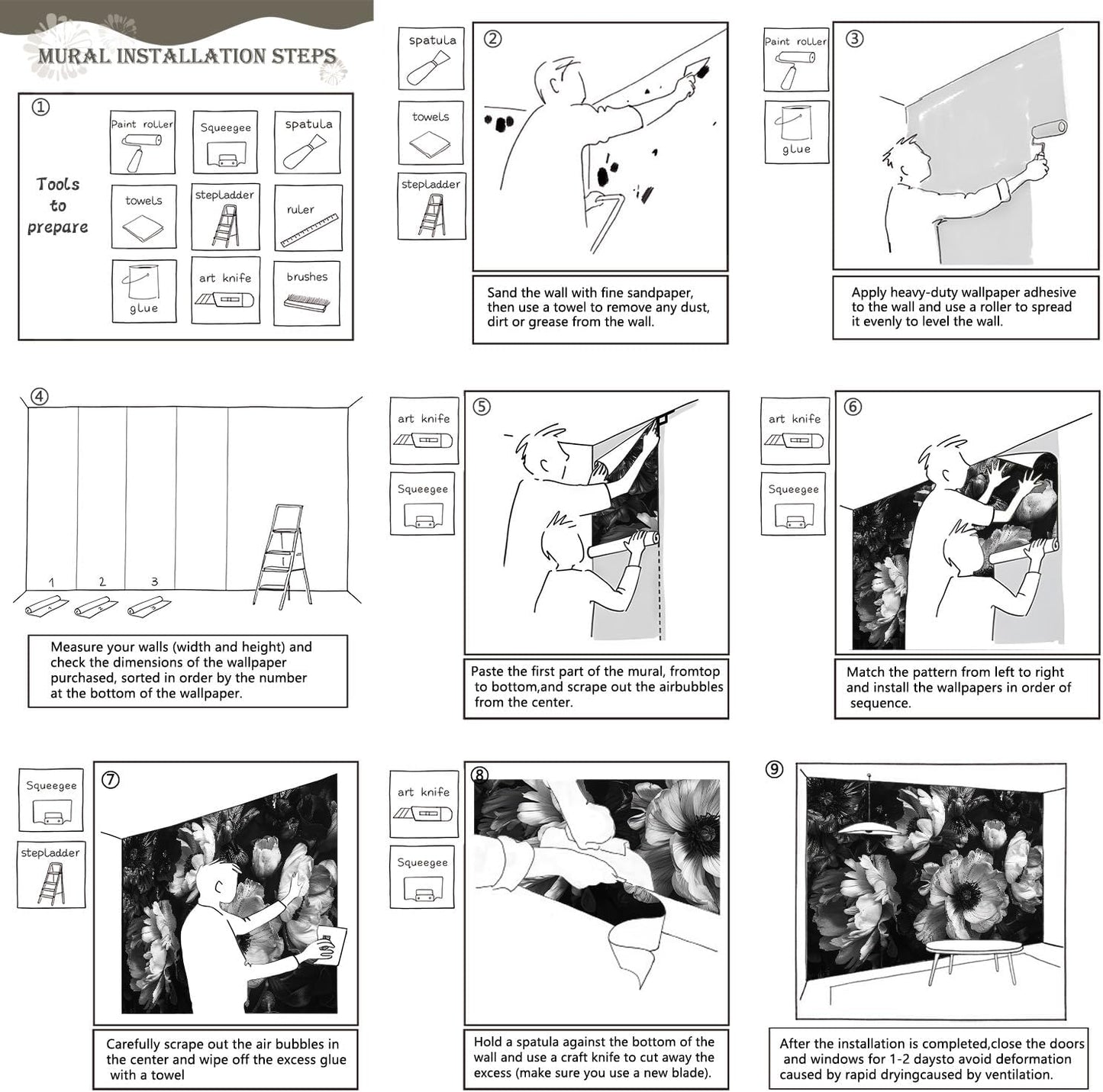 AFZEVEB-Black Peony Floral Wallpaper Vintage Large Flower Wall murals for Bedroom 136"x96"(Not Peel and Stick)