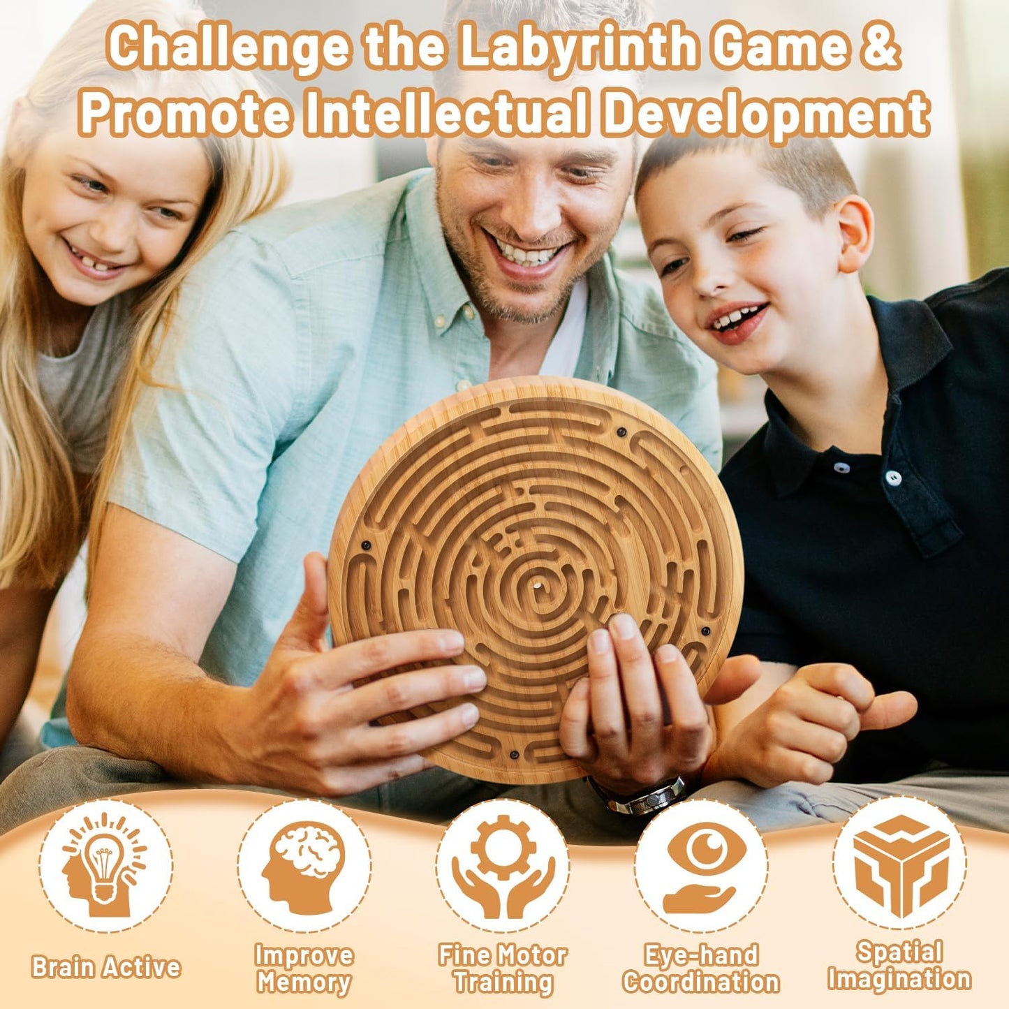Wooden Labyrinth Board Game with Two Versions of Upgraded Circular Marble Maze with Two-Sided Design, 2-in-1 Puzzle Maze with Two Metal Balls, Brain Teaser Game for Children, Teenagers, and Adult