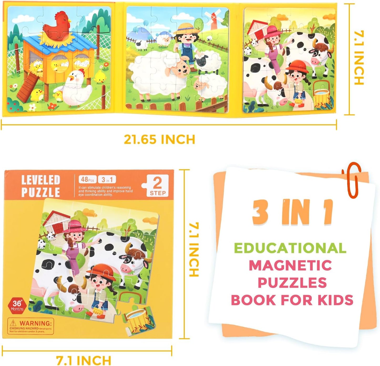 Magnetic Puzzles for Toddlers 1-3, 3 in 1 Kids Fun Farm Jigsaw Puzzle, Children Travel Puzzles Toys, Preschool Learning Toy for Kids 1-8 Year (Farm)
