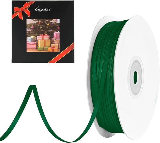 LIUYAXI Forest Green Double Faced Satin Ribbon, 1/8" X Continuous 100 Yards, Thin Ribbons Perfect for Gift Wrapping Wedding Invitation Card Hair Bows Tag Floral Arrangement DIY Craft