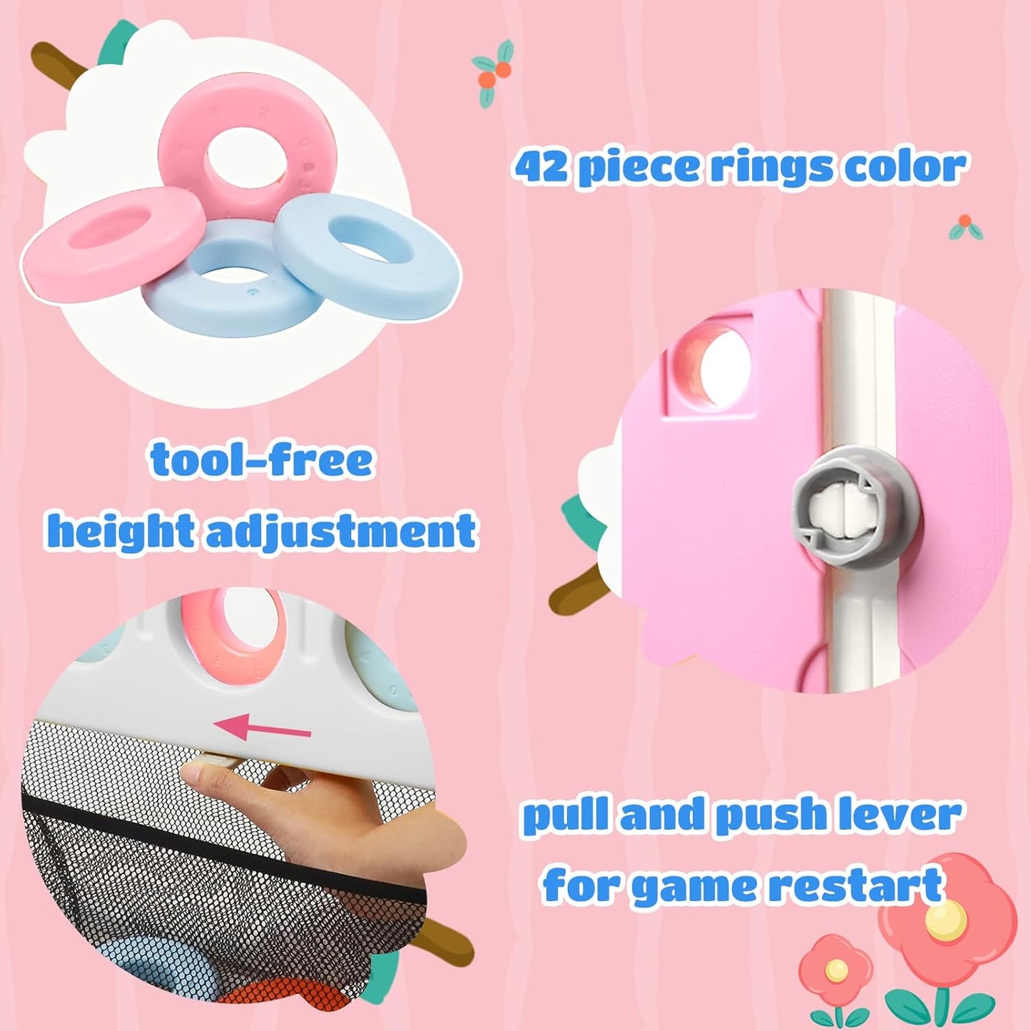 Giant 4 in-A-Row Connect Game Set, Adjustable Height Jumbo Yard Game with Basketball Hoop, Golf, Mesh Pocket & Ring Toss, Indoor Outdoor Family Backyard Party Game for Kids and Adults, Pink-White