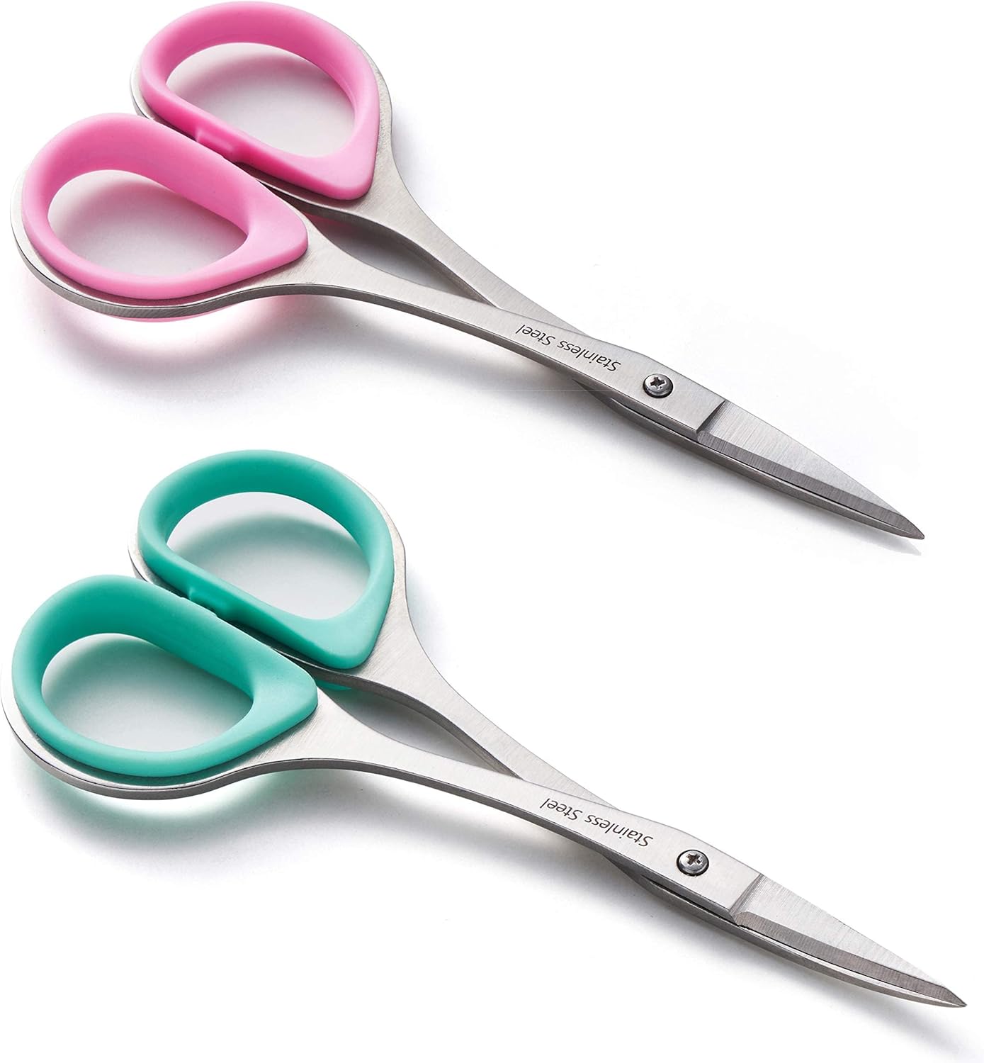 Beaditive Sewing and Embroidery Scissors Set (2 Pc.) Curved and Straight, Sharp, Stainless-Steel Design | Precision Tips, Ergonomic Rubber Handle Grip | Small, Compact DIY Use (1 Curved, 1 Straight)