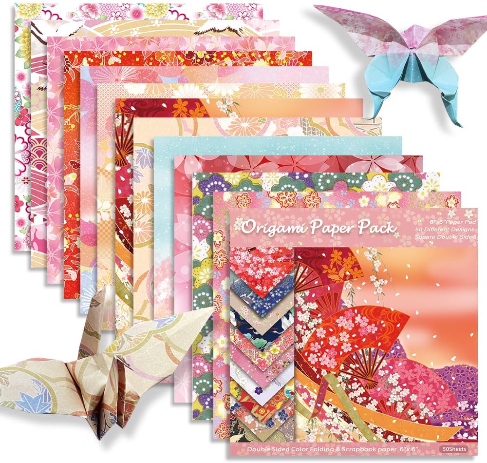 Square Origami Paper 6x6 Double Sided 50 Sheets 50 Colors 70GSM Origami Kit Japanese Chiyo Easy Fold Arts Crafts DIY Handwork Beginner Oriental Cherry