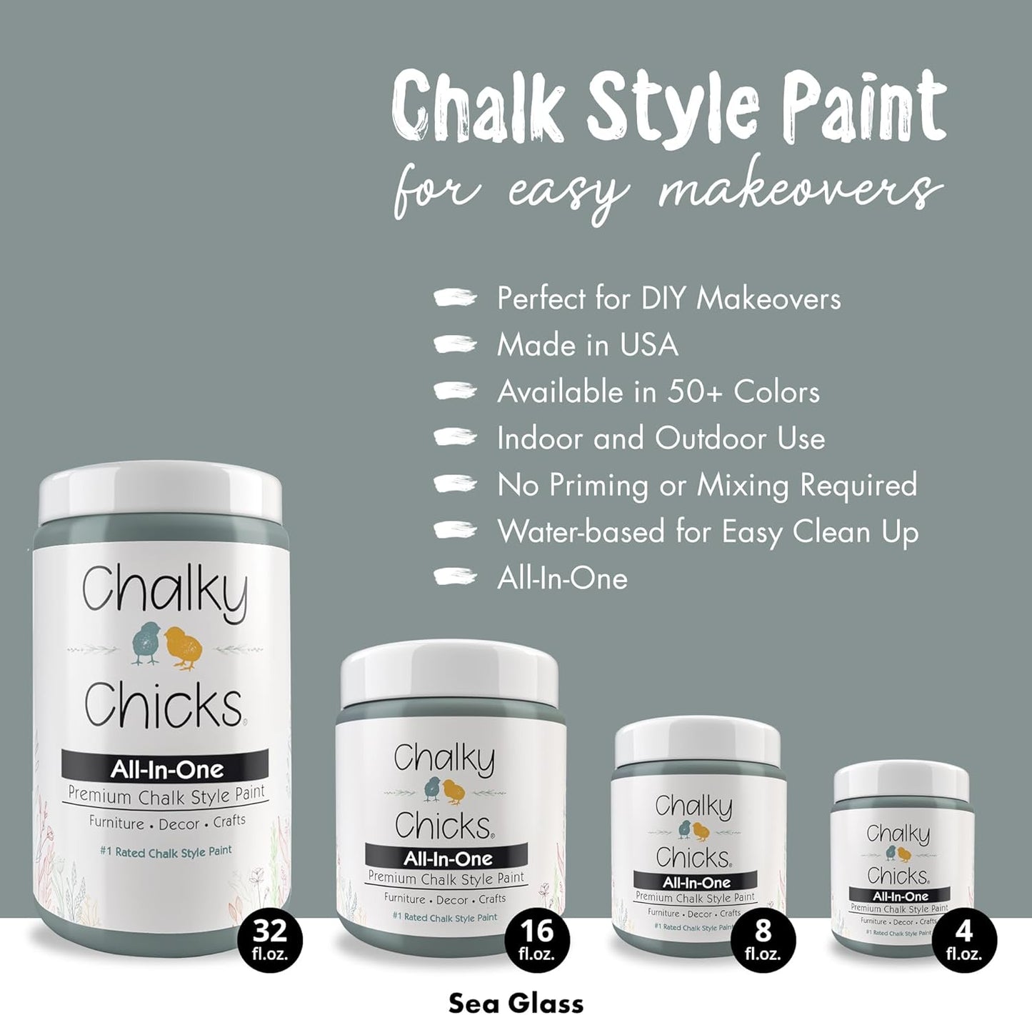 Chalky Chicks All-in-One Chalk Paint for Furniture or Cabinet - 8 Fl Oz - Matte Finish Sea Glass (Light Blue) for Metal, Wood Furniture Paint - No Sanding All-in-One for Home Decor & Crafts, USA Made