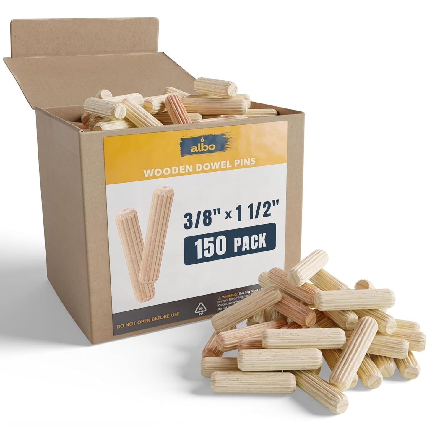 ALBO Wooden Dowel Pins 3/8 x 1 1/2 inch Fluted Wood Dowels Rods 150 Pack Hardwood Crafts Dowel Pegs