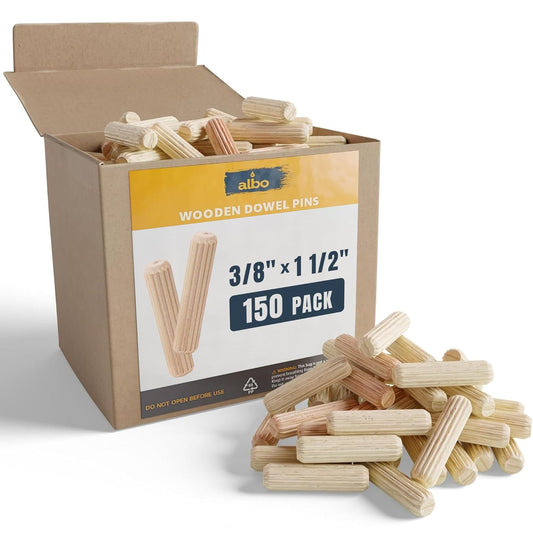 ALBO Wooden Dowel Pins 3/8 x 1 1/2 inch Fluted Wood Dowels Rods 150 Pack Hardwood Crafts Dowel Pegs