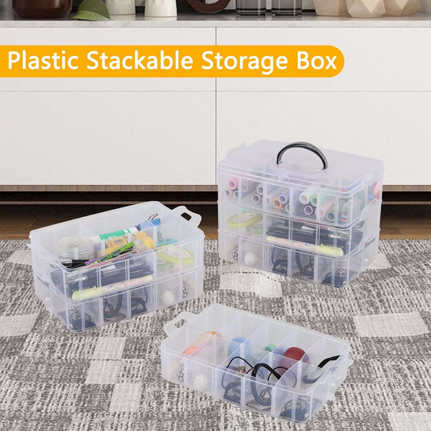 Zopnny 3-Tier Stackable Storage Container with Dividers, Clear Plastic Compartment Organizer Box for Art Crafts, Jewelry, Earrings, Sewing Supplies, Tool, 30 Grids