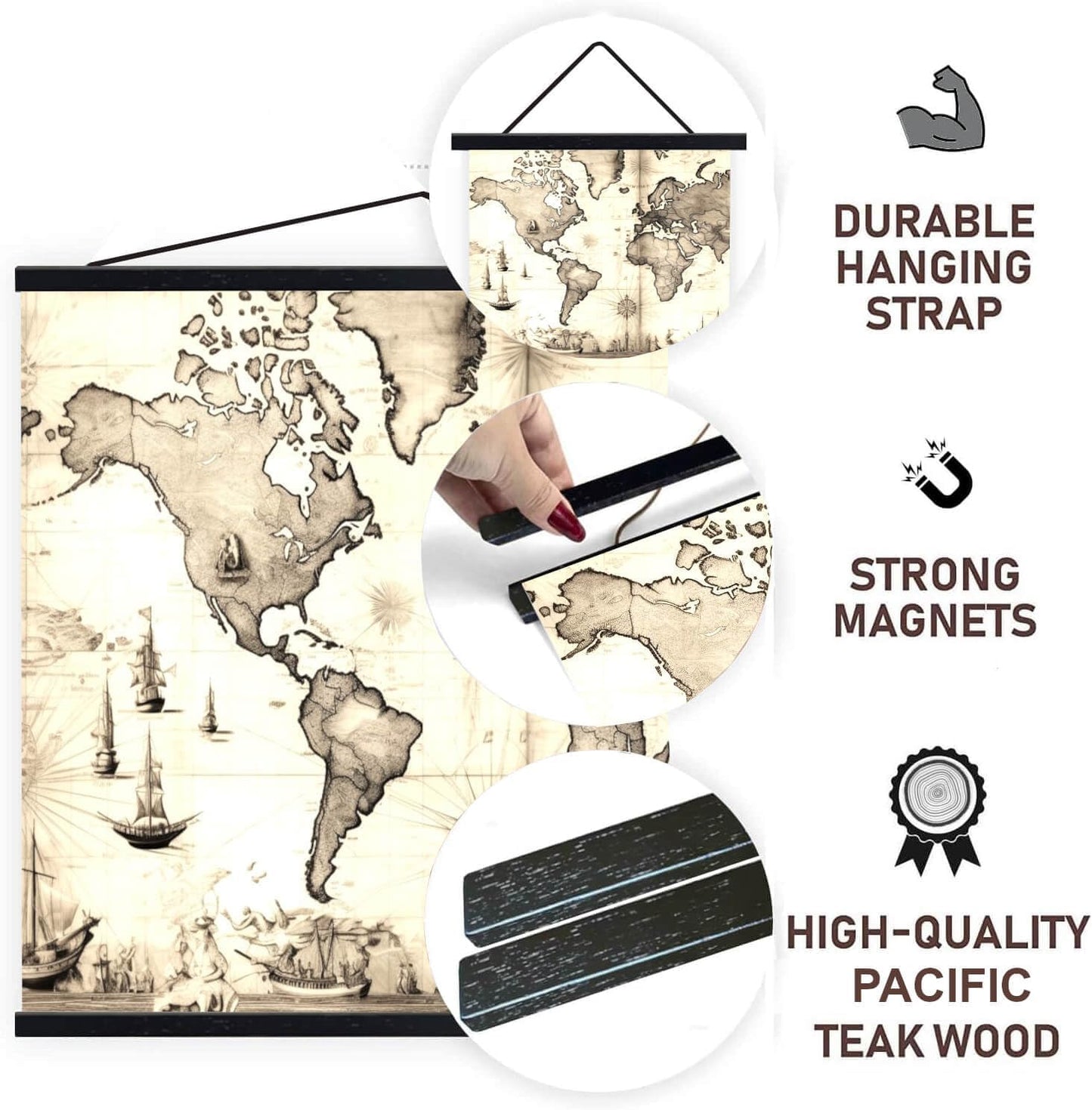 DACRI HOME 32" Wide Magnetic Poster Hanger Frame - 32x24 32x48 32x40 Wooden Frame, Premium Teak Wood, Strong Magnets, Quick Wall Hanging for Poster, Map, Picture, Print, Scroll (32 Inch, Black)