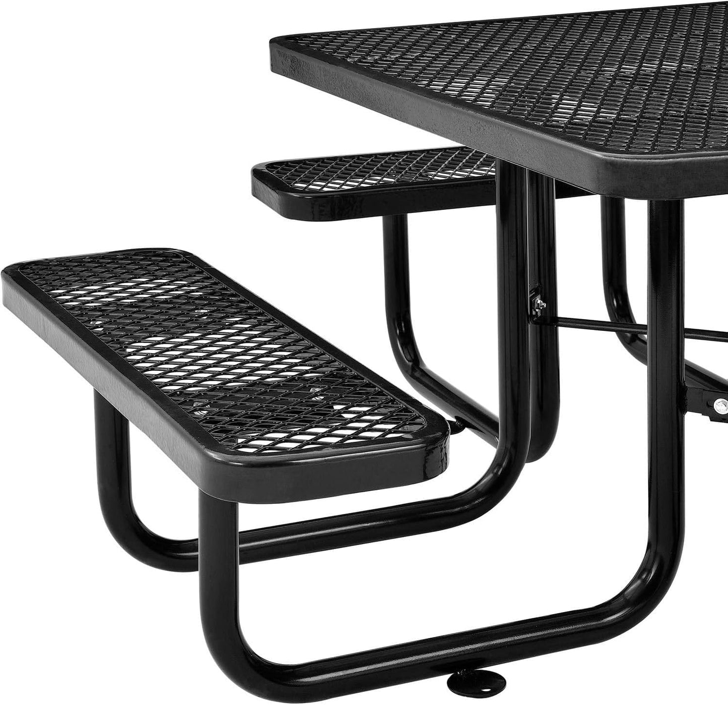 Global Industrial 46" Square Picnic Table, Expanded Metal, Black Thermoplastic Coating, Attached Benches, 1-1/2” Umbrella Pole Hole, Outdoor-Rated, 1000 lb Capacity