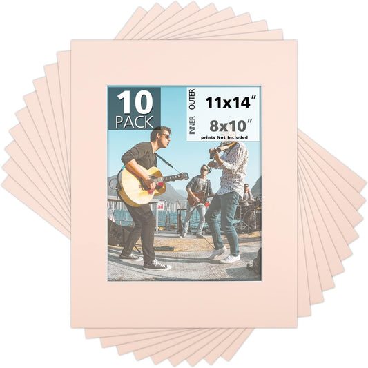 Mat Board Center, Pack of 10, 11x14 for 8x10 Pink Color Mats - Bevel Cut, Acid Free, 4-ply Thickness, White Core - for Pictures, Photos, Framing