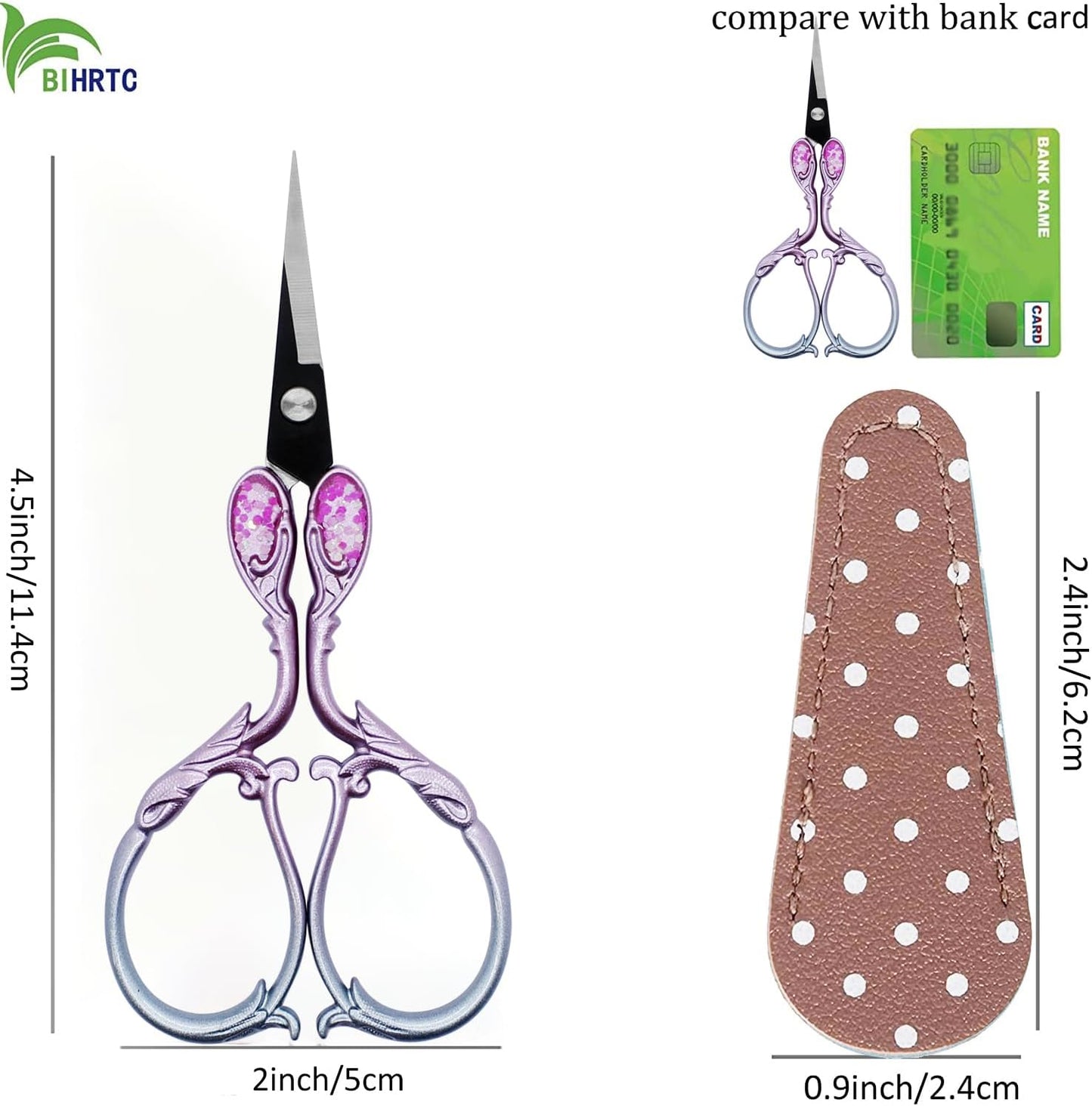 BIHRTC 4.5 Inch Sewing Embroidery Scissors with Artificial Leather Cover Stainless Steel Scissors Shears for Craft Sewing Threading DIY Needlework Manual Sewing Handicraft DIY Tool
