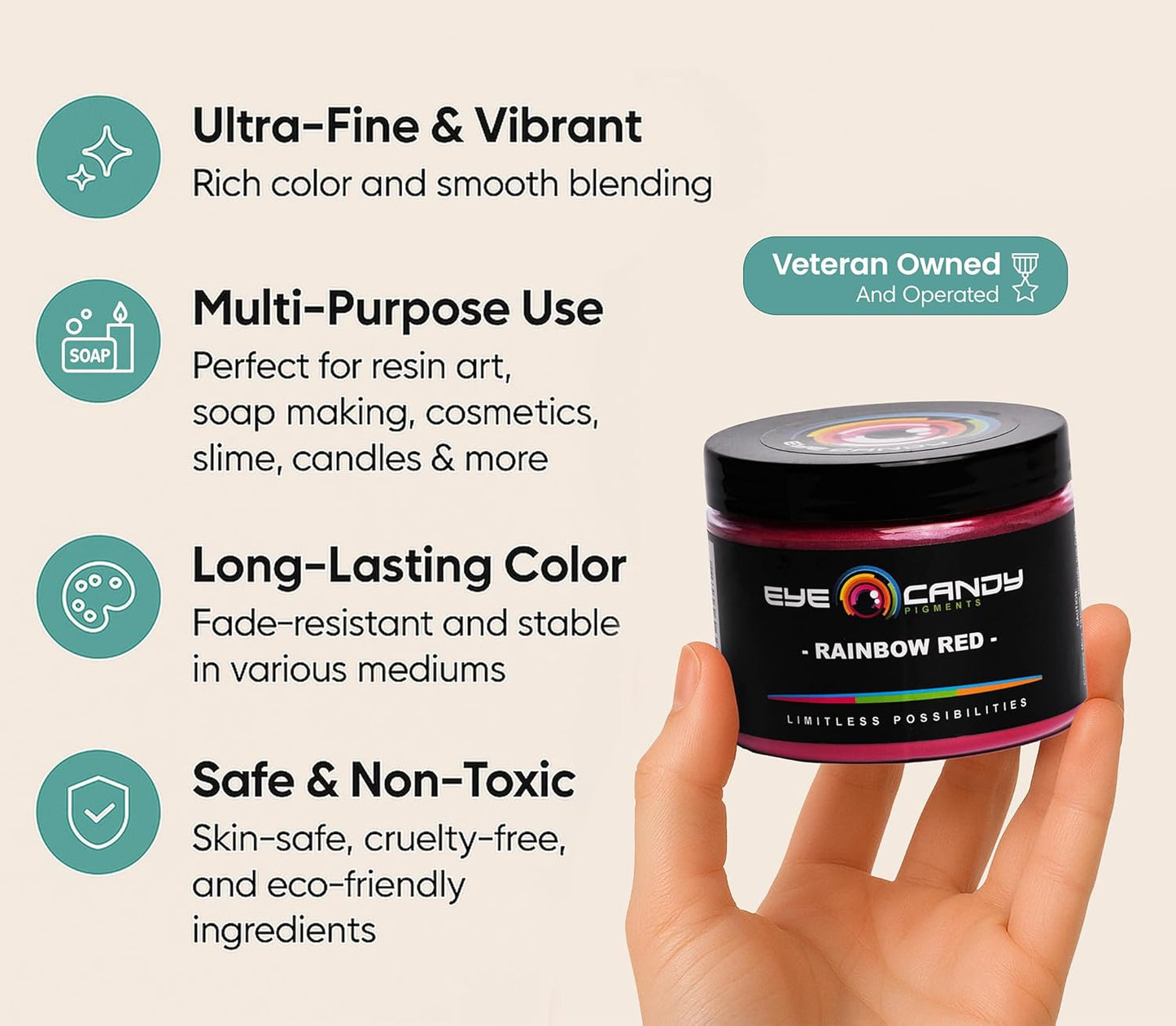 Eye Candy Pigments Premium Red Mica Powder - Rainbow Red (50gr) - for Epoxy, Resin, Soap, Paint, Woodworking, Acrylic Pouring, Bath Bombs, Fishing Lures - DIY Arts and Crafts Additive