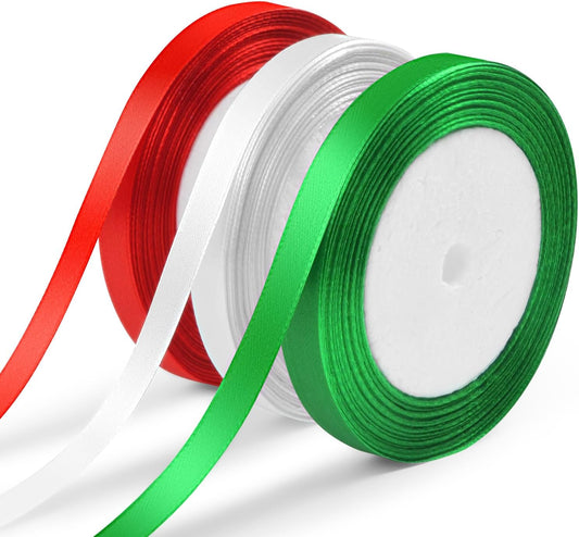 3/8" Ribbon Set - Red White and Green Ribbon (25 Yards Each) | Perfect for Gift Wrapping, St. Patrick's Day Mother's Day Crafts, Hair Bow, and Holiday Decor