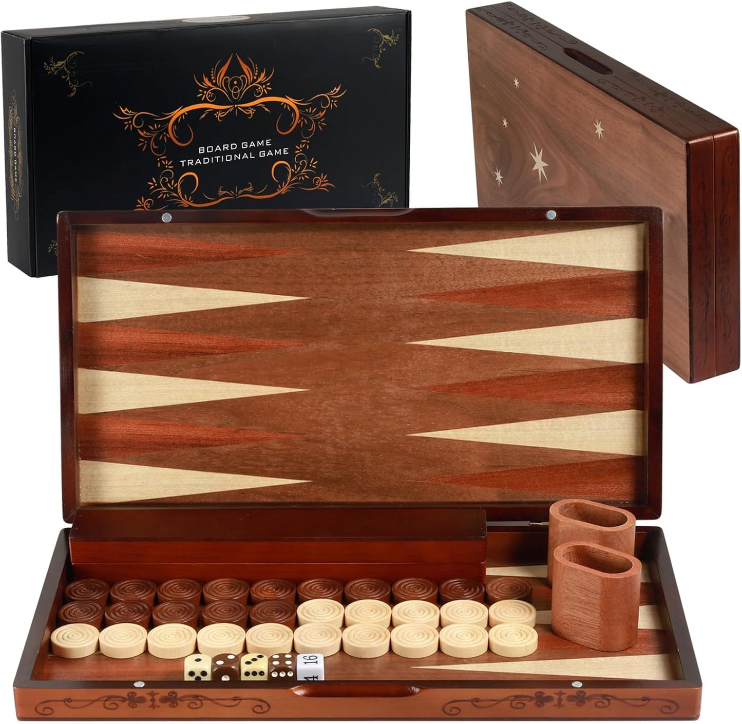 Handcrafted Wooden Backgammon Set - 16x15.3inch, Oversized Pieces, Intricate Carvings, Premium Travel Game Board for Adults & Kids (Star)