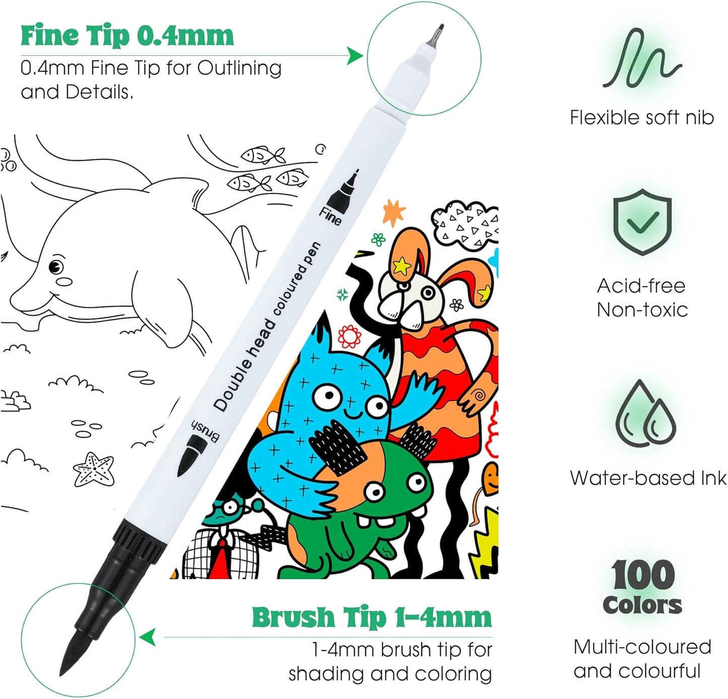 100 Colors Dual Brush Markers for Adult Kids Coloring Books, Water-Based Ink Art Marker Pens Set with Fine & Brush Tips for Bullet Journaling, Drawing, Hand Lettering, Sketching