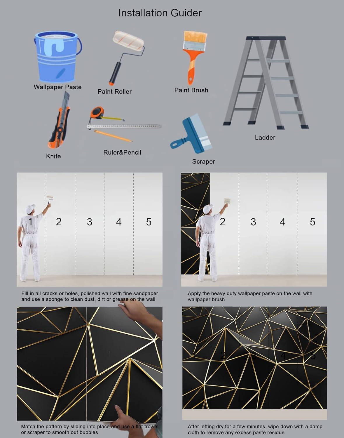 Black and Gold Wallpaper 3D Abstract Geometric Wall Mural for Bedroom Living Room TV Background Wall（Not Peel and Stick）