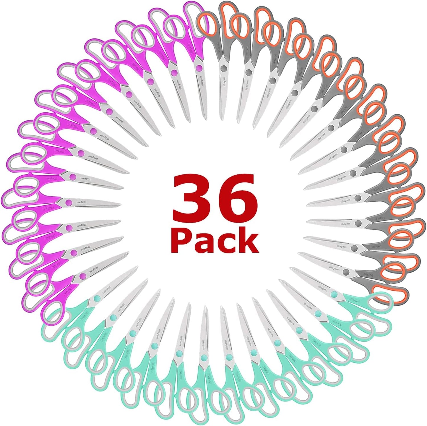 8 '' Multipurpose Heavy Duty Scissors Bulk 36-Pack, 2.5mm Thickness Ultra Sharp Blade Shears with Comfort-Grip Handles for Household School Office Supplies, Right/Left Hand Tools