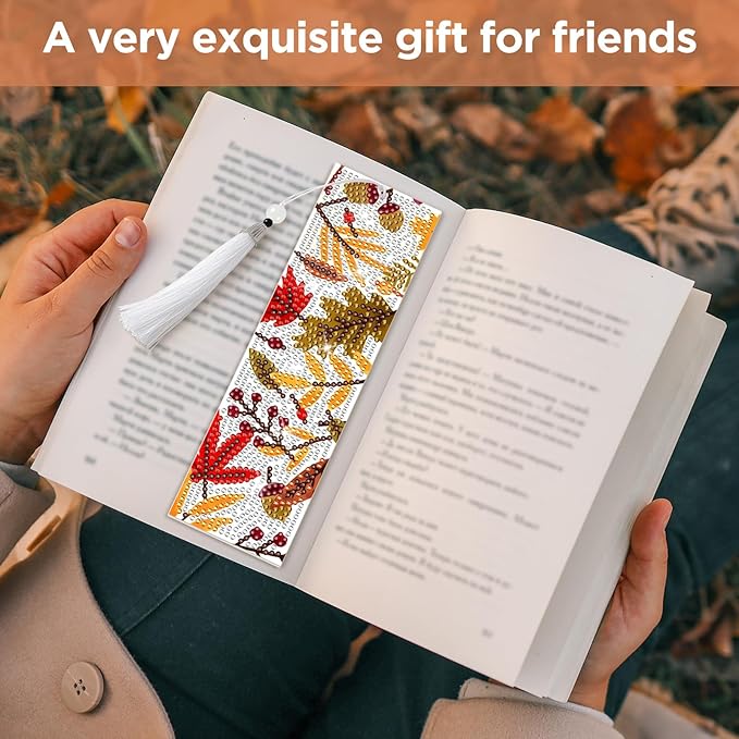 8 Pieces Fall Diamond Art Bookmarks 5d Maple Leaves Bookmark Acrylic Tassel Bookmark for DIY Making Beginners Kids Adults Arts Craft Supplies (Fall)