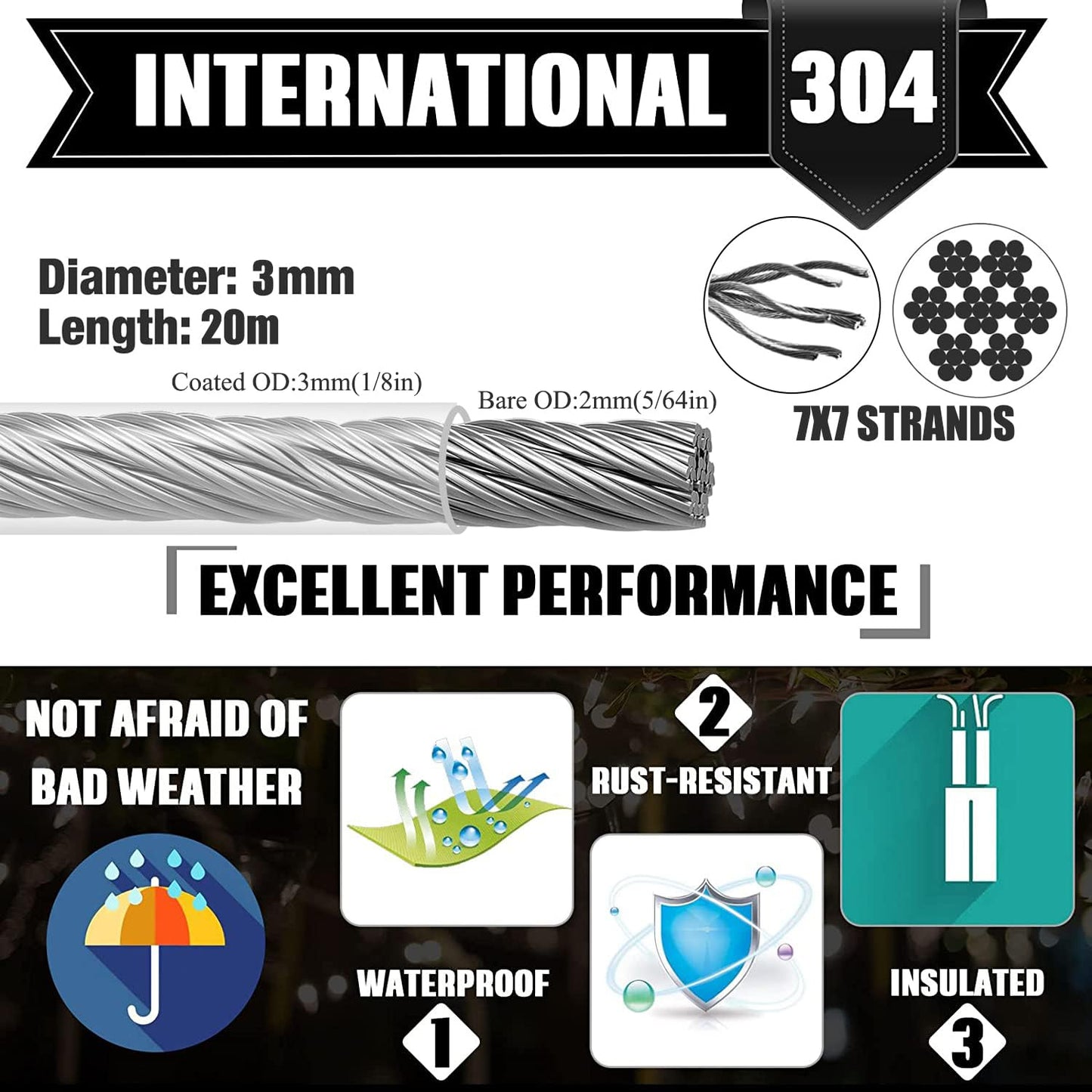 1/8 Inch Heavy-Duty Stainless Steel Cable 65FT Wire Rope with M5 Turnbuckle - 304 Stainless Steel, 1700LB Break Strength for Outdoor Sun Shade, Garden Climbing,Deck Railing (1/8" 65FT Wire Rope Kit)