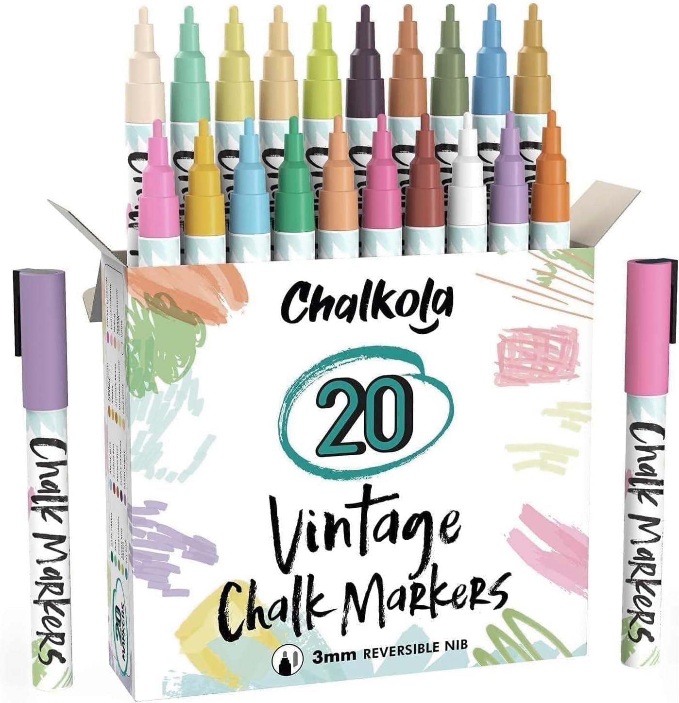 Fine Tip Liquid Chalk Markers for Chalkboard (20 Vintage Colors) - Dry Erase Marker Pens for Blackboard, Windows, Chalkboards Signs, Bistro - 3mm Reversible Tip