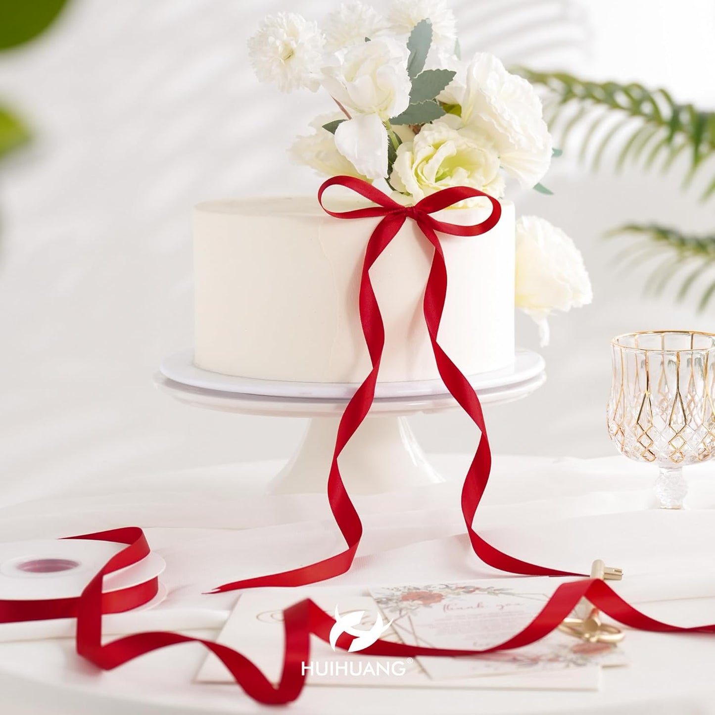 HUIHUANG Red Satin Ribbon 1/2 inch X 50 Yards Continuous, Red Double-Faced Satin Ribbon for Gift Wrapping, Bows, DIY Crafts, Flower Bouquet, Wedding, Christmas Decor, Birthday