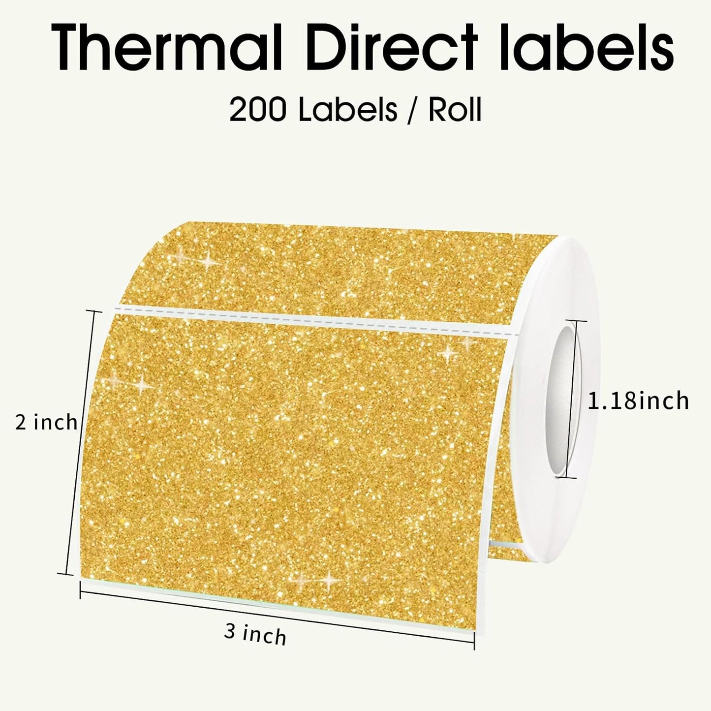 3x2 Inch Holographic Thermal Labels, Glitter Gold Thermal Sticker Labels, Waterproof Thermal Printer Stickers for Price, Barcode, Name, Custom Logo Design, 200 Pcs/Roll