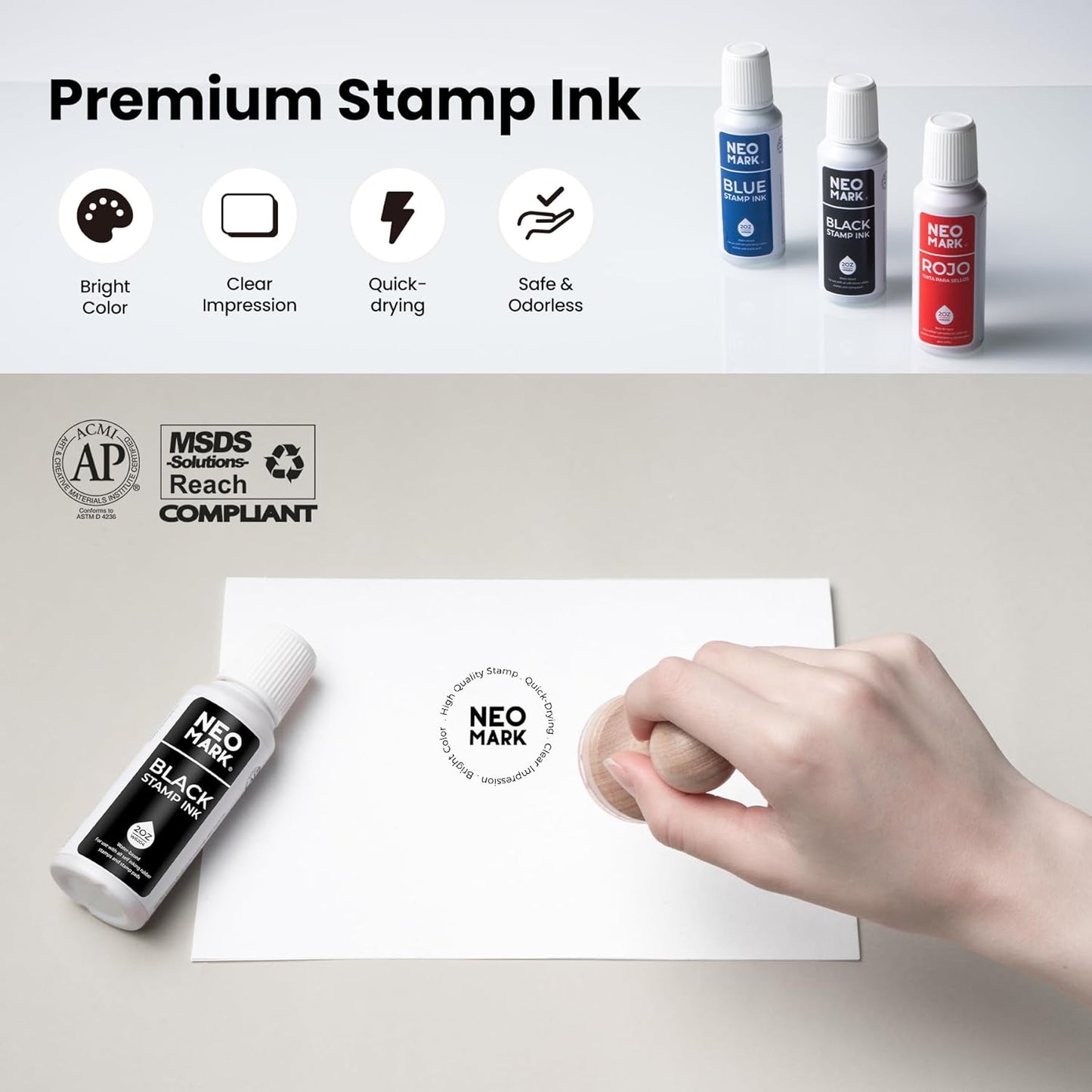 Premium Stamp Ink, Quick-Drying & AP-Certified Non-Toxic Refill Ink for Self-Inking Stamps, Date Stamps and Stamp Pads (Black, 2oz)