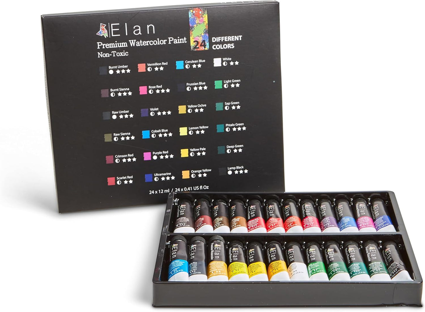 Elan Professional Watercolor Paint Set, 24 Liquid Watercolor Paint Tubes 0.4fl oz, Non-Toxic Mini Tubes for Canvas & Crafts, Art Paints for Adults