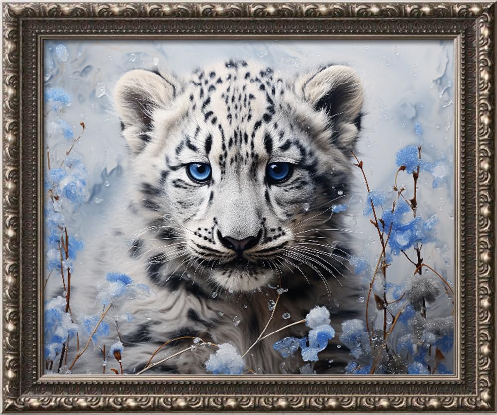 Leczany Cross Stitch Stamped Kit for Adults or Kids - Lovely Snow Leopard | DIY Embroidery Starter Patterns Craft Kit Needlepoint for Beginner | 11CT, 3 Strands | 16.5x13.4 inches