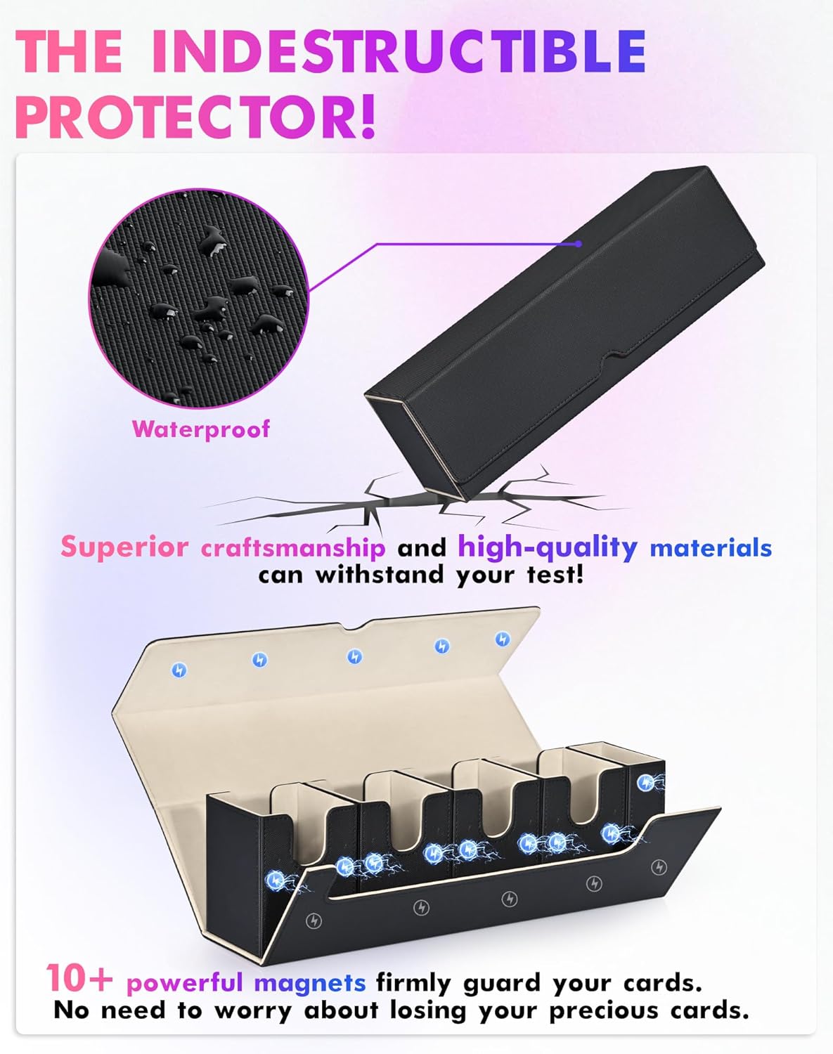 Card Deck Box with Dice Tray for MTG, 5 in 1 Deck Case Holds 800+ Unsleeved Cards, Strong Magnet Card Organizer Compatible with Yugioh TCG Sport (Black Gold)