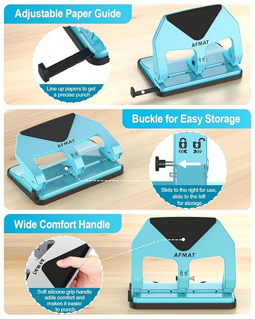 AFMAT 3 Hole Punch Heavy Duty, 50-Sheet Three Hole Punch, 50% Reduced Effort, 10,000+ Uses, 9/32" Holes, S.S. Paper Guide, 3 Hole Puncher for Binder, Metal Hole Puncher for Home Office School HP20