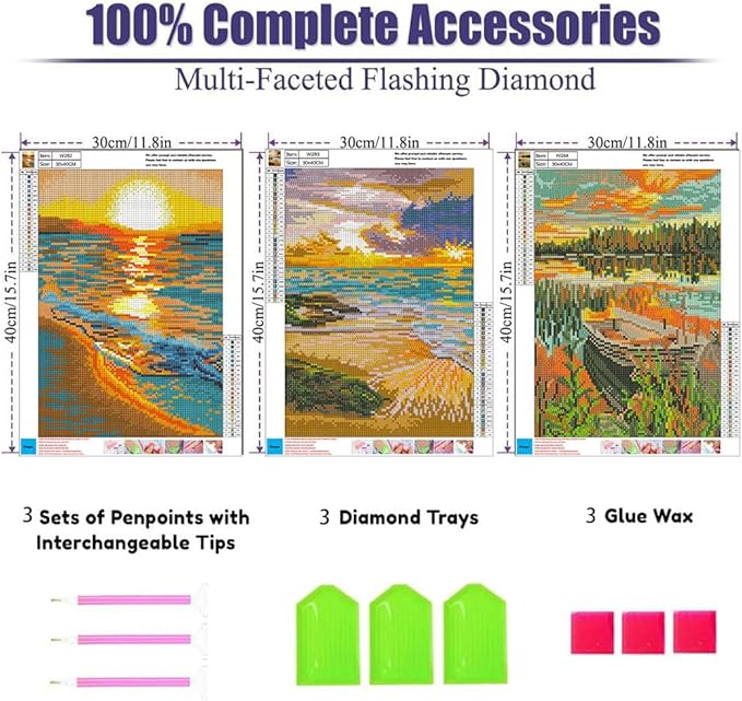 Diamond Painting Kits for Adults,3 Pack Sunset Ocean Diamond Art for Beginners, Diamond Round 5D Full Drill Paint with Diamonds Pictures Gem Art Painting Kits DIY Crafts Kits 12x16inch