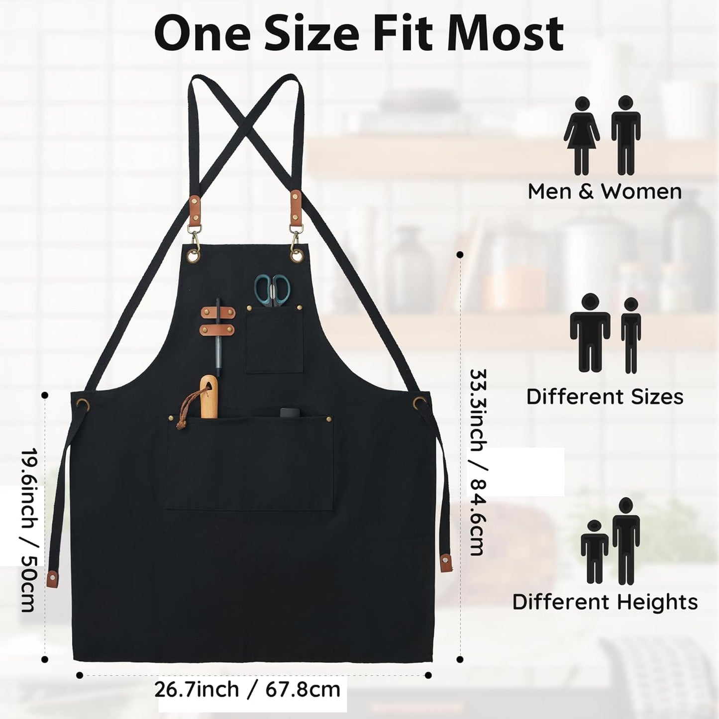 Canvas Aprons, Kitchen Chef Aprons, Work Aprons for Men Women, Adjustable Strap Aprons with 3 Pockets