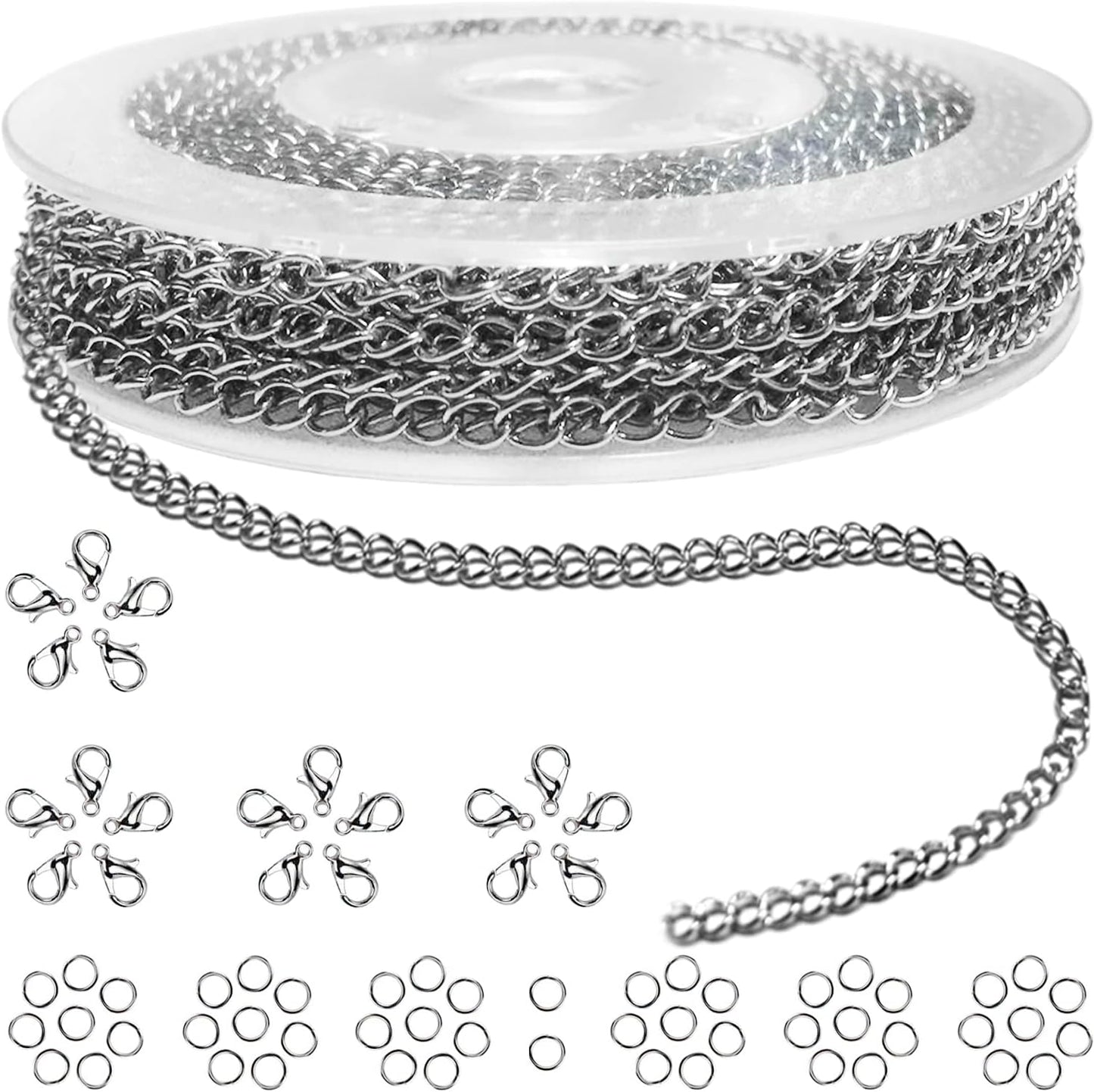 Jishi 33ft Necklace Extender Chain 3mm Silver Stainless Steel Curb Link Chain for Jewelry Making, Bracelet Necklace Extender DIY, Keychain Craft Supplies, Metal Chain Roll w/Lobster Clasps, Jump Rings