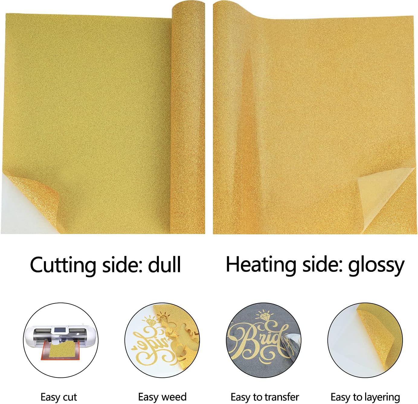 guangyintong Glitter Gold Heat Transfer Vinyl HTV Rolls, 12" x 8ft Iron on Vinyl for T-Shirts Glitter Gold HTV Vinyl for All Cutter Machines Easy to Cut & Weed for Heat Vinyl Design