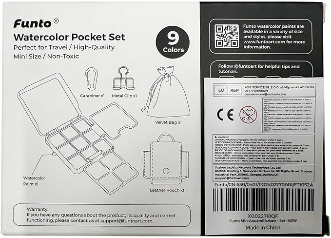 Funto Mini Watercolor Travel Set, Travel Artist Outdoor Sketch Kits with 2 Foldable Palettes, Portable Leather Case and Metal Clip, Kit for Art Lovers