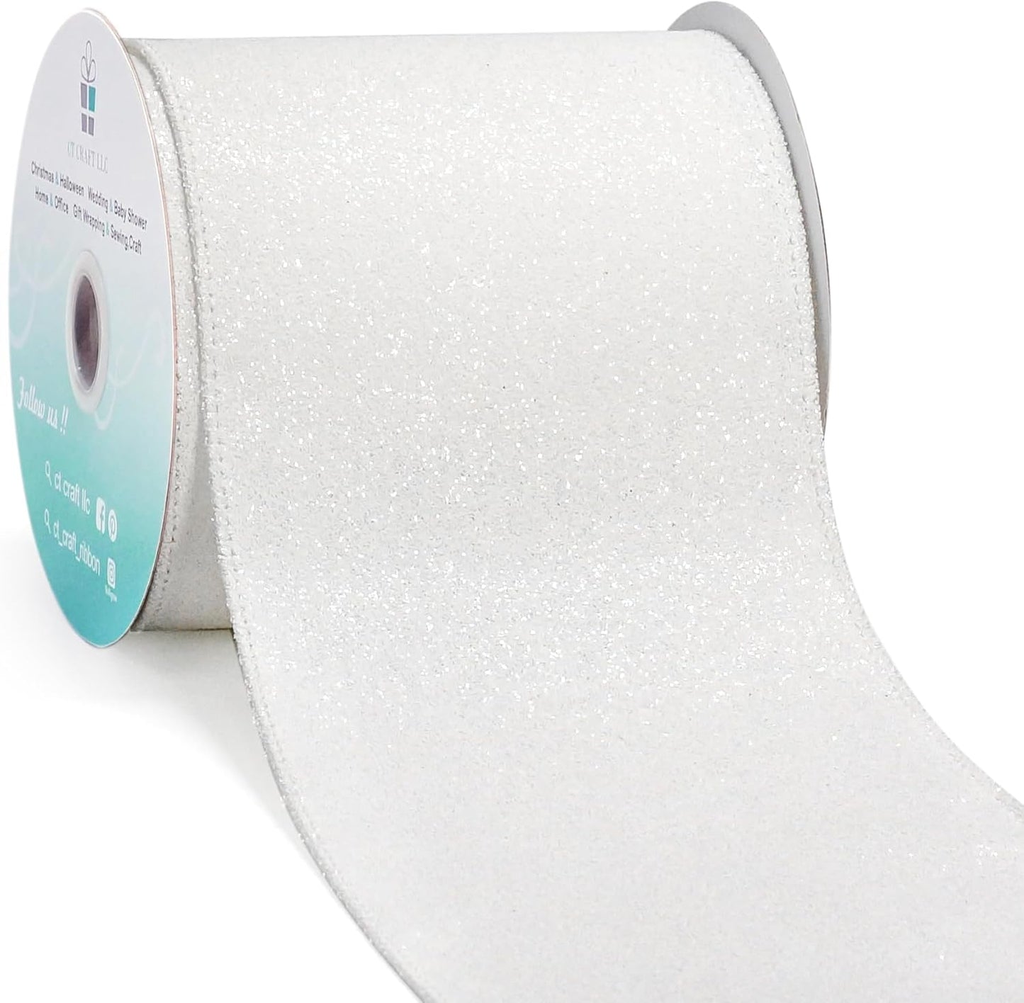 CT CRAFT LLC Glitter Wired Ribbon 4" x 10 Yards White for Christmas Home Decor Bow Gift Wrapping DIY Crafts Wreath