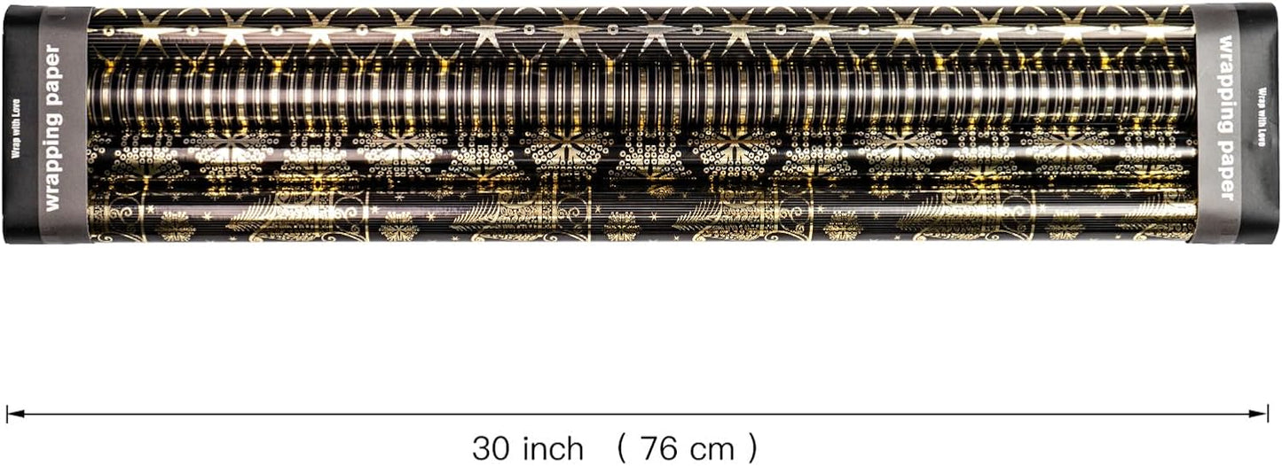 WRAPAHOLIC 30 Inch Christmas Wrapping Paper Roll - Jumbo Roll Black Gold Christmas Sleigh Holiday Design with Metallic Foil Shine - 4 Rolls - 30 Inch x 120 Inch Per Roll