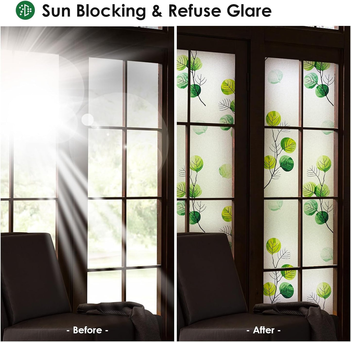 DKTIE Eucalyptus Leaves Stained Glass Window Film with Installation Tools, INS Style Window Privacy Film Decorative, Nordic Style for Home Decor (S541, 35.4'' x 78.7'')