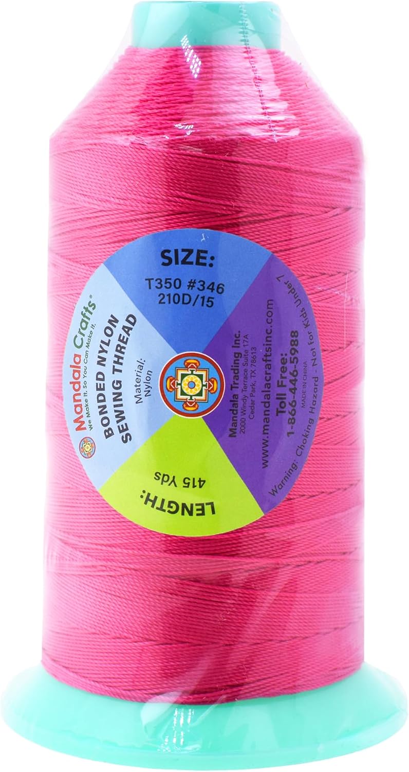 Mandala Crafts Bonded Nylon Thread Hot Pink Heavy Duty Sewing Threads - 415 YDs Size 346 210D T350 Tex 350 Thread for Leather Jeans Weaving Outdoor Marine Upholstery Threads