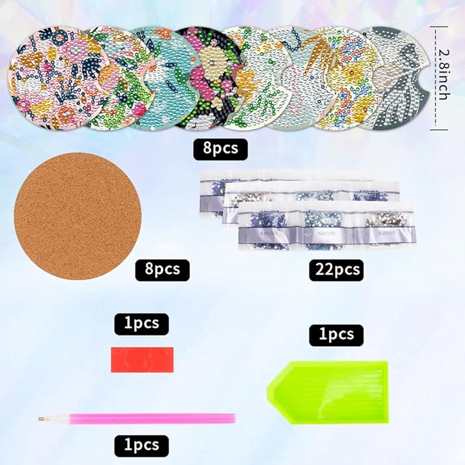 8 Pcs Diamond Painting Coasters, Flowers Diamond Art Car Coasters for Cup Holder, 2.8 Inches Flowers for Drinks, Small Diamond Painting Kits Supplies, DIY Crafts for Adults Kids