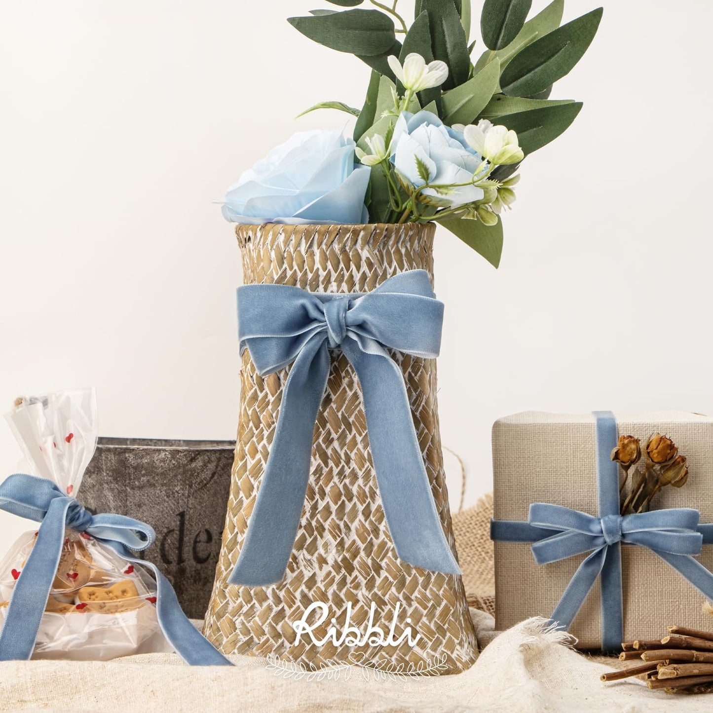 Ribbli Dusty Blue Velvet Ribbon 5/8 Inches Continuous10 Yard Spool Blue Christmas Ribbon for Gift Wrapping Crafts Home Decor