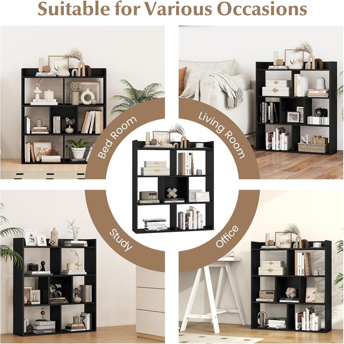 Giantex 7 Cubes Bookshelf, Free-Standing Wooden Bookcase, 4 Tier Home Display Shelf, Horizontal Storage Unit w/Anti-Toppling Devices, Open-Back Display Rack for Study, Living Room (2, Black)