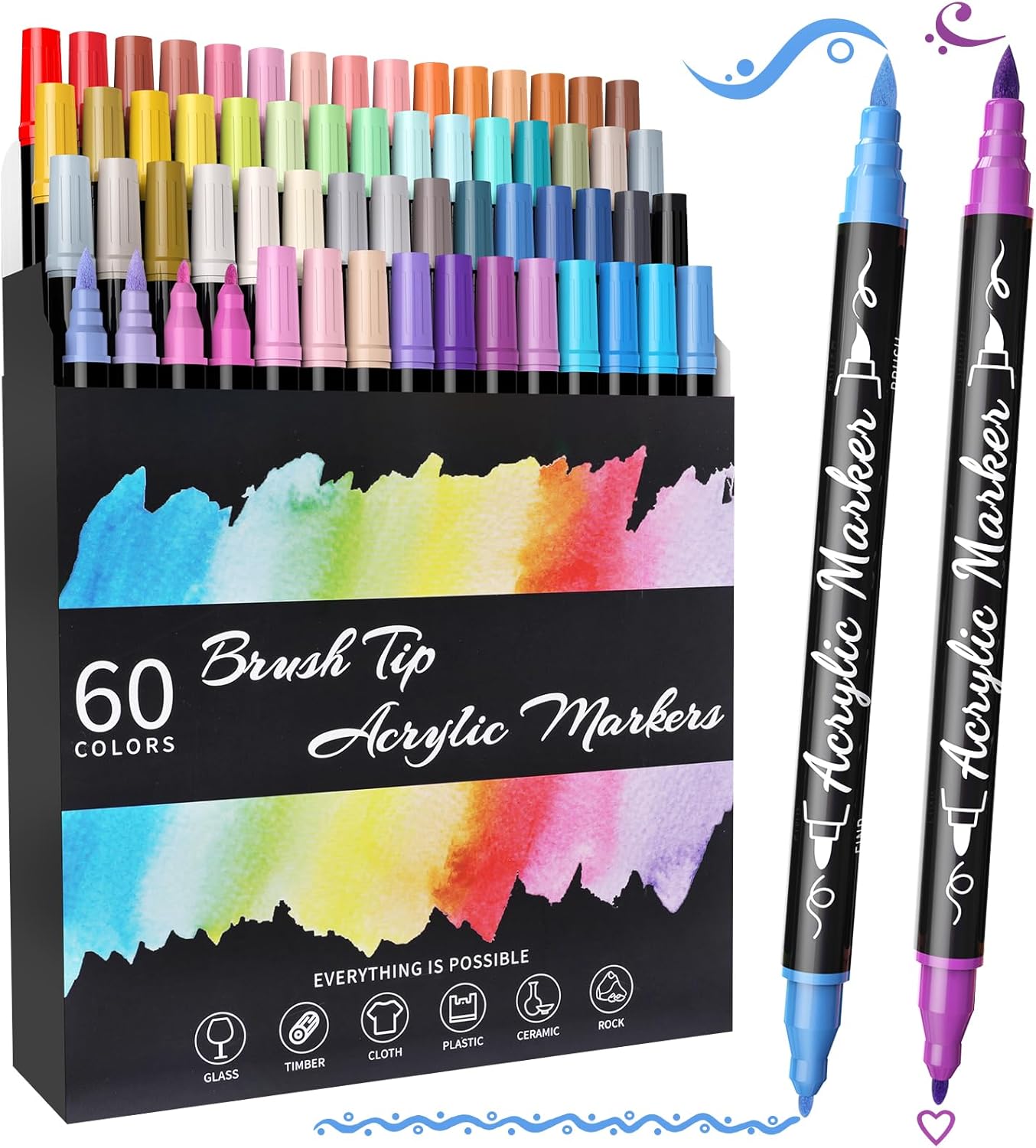 TOSAHRE Acrylic Paint Pens Markers 60 Colors Waterproof Dual Tip Acrylic Markers Set with Brush & Fine Tip Coloring Pens for Rock Painting Wood Scrapbook Fabric Glass Ceramic DIY Craft Art Supplies