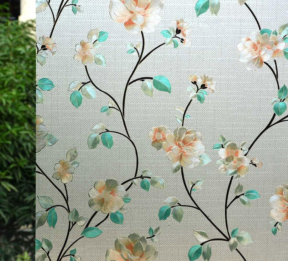 VSUDO Static Cling Decorative Window Privacy Film – Frosted Privacy Window Film with Jasmine Floral & Stained Glass Design, Adhesive-Free Tint for Home, Bathroom & Office (23.6" x 118.1")