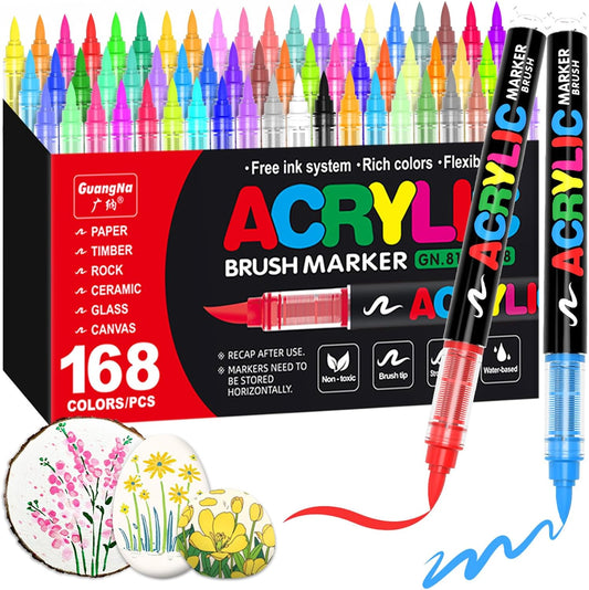 Guangna Acrylic Paint Markers,168 Colors with Direct-Liquid Ink Control System, Professional-Grade Paint Pen for Rock Painting, Canvas, Glass, Plastic, Fabric & Creative Crafts