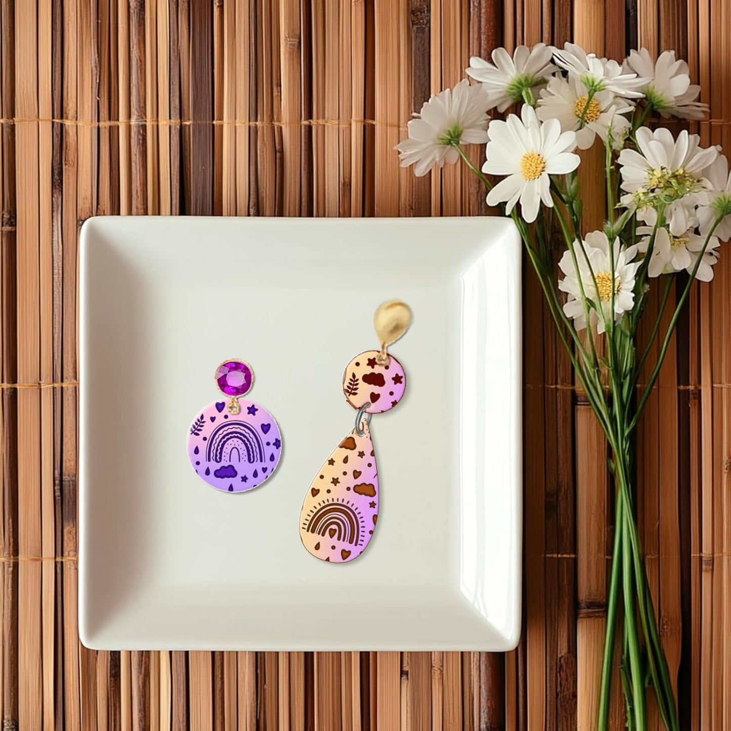 CHGCRAFT Rainbow Polymer Clay Texture Sheets Bohemian Plant Pattern Silicone Texture Stamp Clouds Love Clay Texture Mat Modeling Pattern Pad Sheets for Jewelry and Earrings Tools, 5.5x5.5 inch