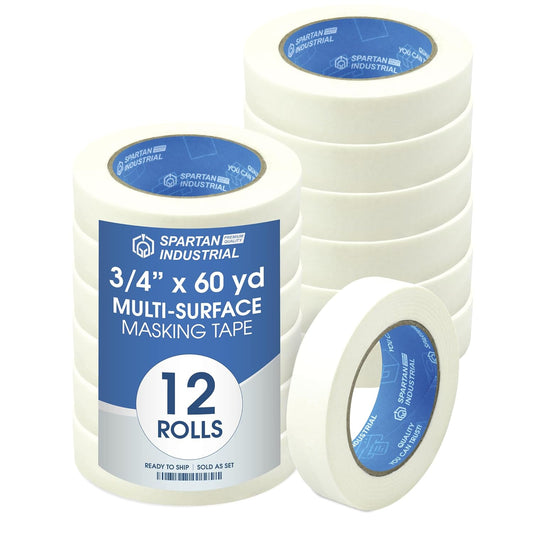 Spartan Industrial - 0.75" X 60 yd Masking Tape for Painting, Drafting, Labeling, and More - 12 Beige Tape Rolls, 5.5 Mil